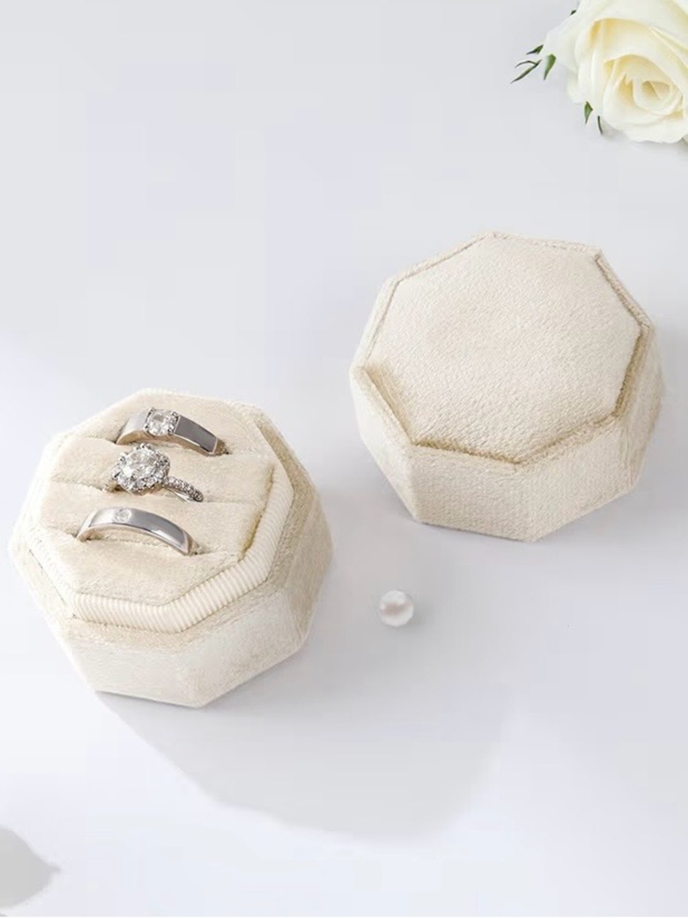 Velvet Octagon Ring Box Set in Champagne